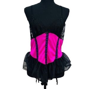 Vintage Lingerie Teddy Bodysuit Pink Lace Sexy Coquette Dainty Black Medium